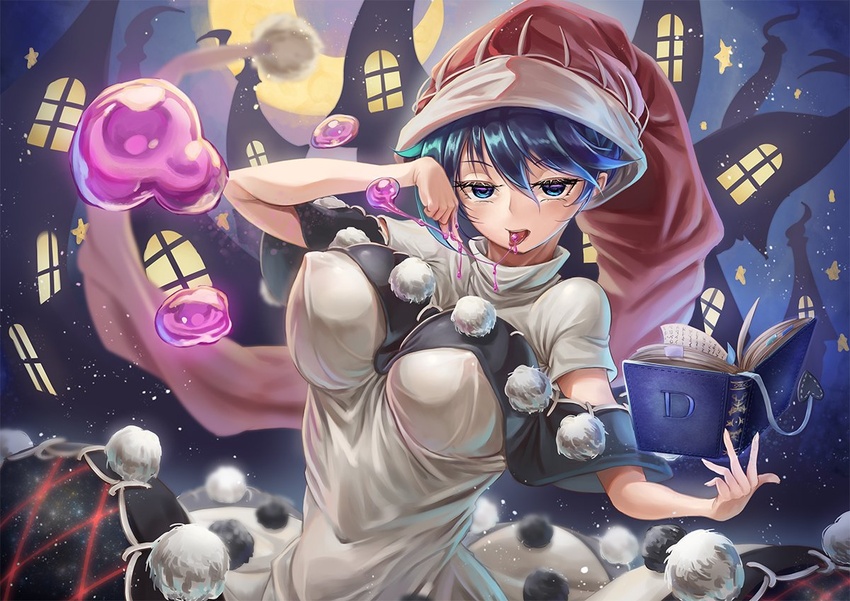 arm_up bad_id bad_twitter_id black_capelet blob blue_eyes blue_hair blush book breasts capelet closed_mouth commentary_request covered_nipples crossed_bangs dark_blue_hair doremy_sweet dream_soul dream_world_(touhou) dress eyelashes female floating floating_object hair_between_eyes haruno_(kuromitugozen) hat large_breasts long_hair nightcap pom_pom_(clothes) red_hat saliva sexually_suggestive short_sleeves slime_(substance) smile solo tongue tongue_out touhou turtleneck white_dress