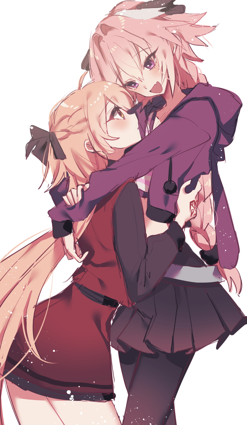 1boy absurdres astolfo_(fate) astolfo_(memories_at_trifas)_(fate) bad_id bad_pixiv_id blonde_hair blush braid crop_top dress fate/apocrypha fate/grand_order fate_(series) female height_difference highres hug koyashaka liss_meier_(koyashaka) long_hair midriff_peek official_alternate_costume original otoko_no_ko pale_skin pink_hair purple_eyes yellow_eyes