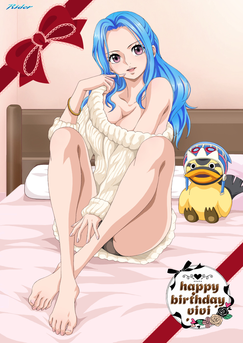 absurdres artist_logo barefoot bed bed_sheet bedroom beige_sweater bird black_panties blue_hair bracelet breasts character_name cleavage collarbone commentary_request convenient_leg crossed_legs duck english_text eyelashes feet female forehead full_body hand_up happy_birthday highres indoors jewelry karoo_(one_piece) knees_up large_breasts legs long_hair long_sleeves looking_at_viewer nefertari_vivi no_pants off_shoulder one_piece open_mouth panties pantyshot purple_eyes ribbed_sweater rider_(orange_couture) shadow sidelocks sitting sleeves_past_wrists solo stuffed_toy sweater teeth thighs toes tongue underwear upper_teeth_only