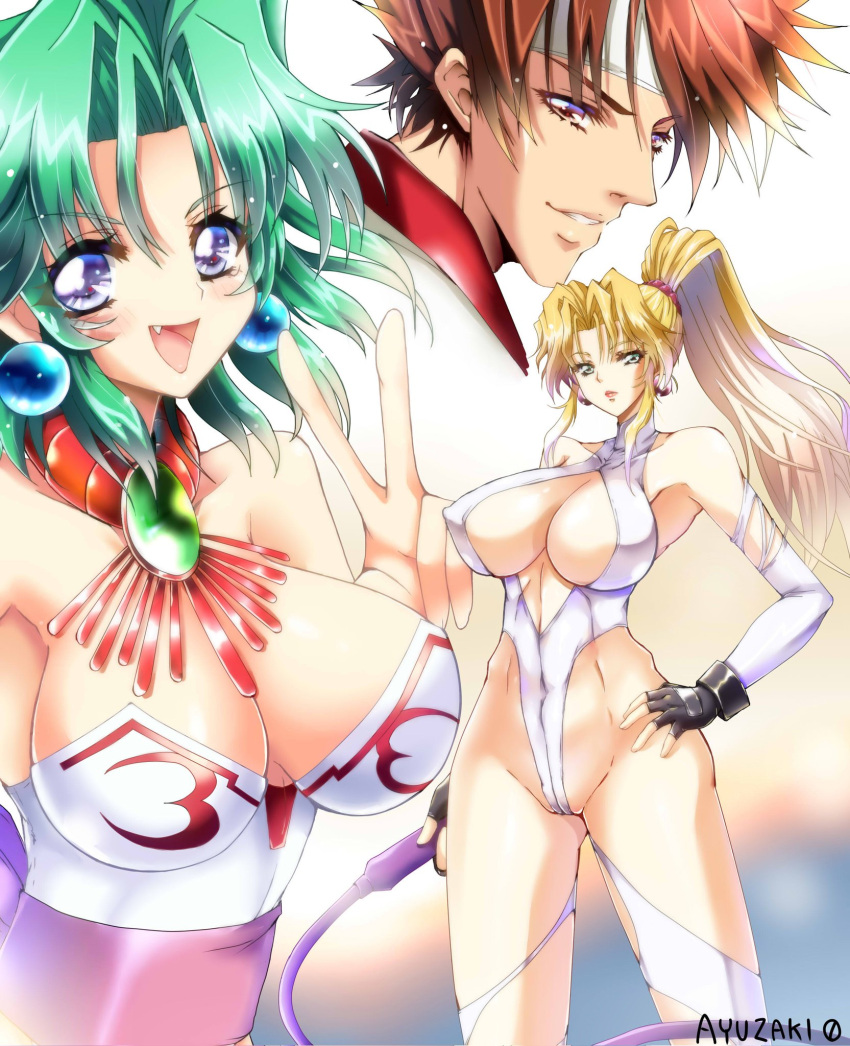 1boy 2girls artist_name bare_shoulders blonde_hair blue_eyes blush breasts brown_hair cleavage closed_mouth commentary_request covered_collarbone covered_navel curtained_hair earrings eiji_shinjo ellis_(toushinden) fingerless_gloves gloves green_eyes green_hair hand_on_own_hip headband high_ponytail highleg highleg_leotard highres holding holding_weapon jewelry large_breasts leotard lips long_hair looking_at_viewer multiple_girls oerba_yun_fang open_mouth parted_lips ponytail purple_eyes short_hair signature simple_background smile sofia_(toushinden) strapless strapless_leotard thighs tied_hair toushinden turtleneck upper_body v weapon whip white_leotard wpdh4443