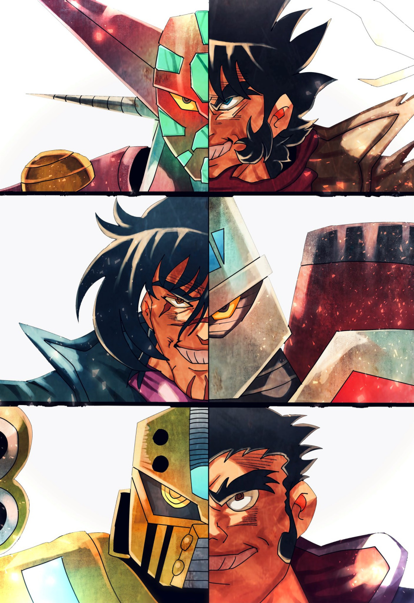 3boys beard benkei_kuruma black_eyes black_hair facial_hair getter_robo highres jin_hayato looking_at_viewer male_focus mecha multiple_boys nagare_ryoma portrait robot scar scar_on_face scar_on_nose science_fiction shin_getter-1 shin_getter-2 shin_getter-3 shin_getter_robo slllle1 smile split_theme super_robot white_background yellow_eyes