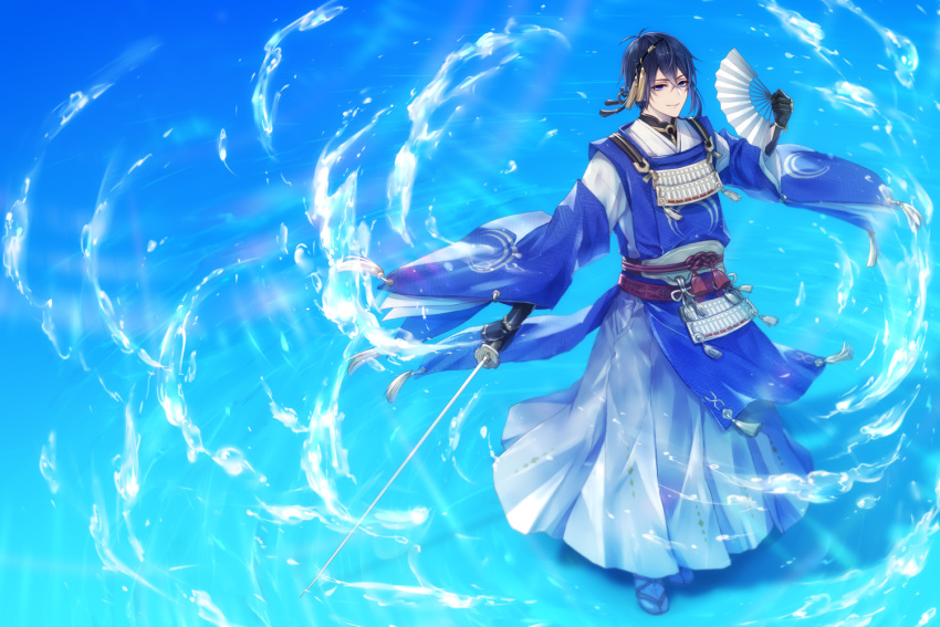 1boy bad_source black_gloves blue_eyes blue_hair commentary_request folding_fan gloves hakama hakama_skirt hand_fan japanese_clothes katana male_focus mikazuki_munechika sandals sayagata skirt smile sword tabi tassel touken_ranbu water weapon yamaneko514