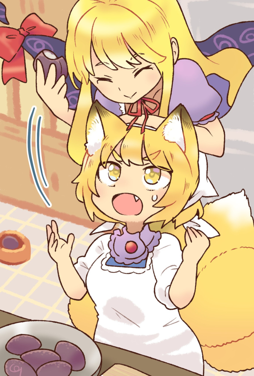 2girls ^_^ adapted_costume aged_down animal_ear_fluff animal_ears arm_on_another's_head arm_rest arm_support bands blonde_hair bow cabinet closed_eyes closed_mouth commentary_request cupboard cutting_board dress eating facing_down food food_theft fox_ears fox_tail gap_(touhou) hands_up head_scarf highres holding holding_food indoors kitchen kitsune long_hair looking_at_another looking_up motion_lines multiple_girls multiple_tails neck_ribbon no_headwear oerba_yun_fang ohagi_(food) open_mouth pastry plate pmx puffy_short_sleeves puffy_sleeves purple_dress red_bow red_ribbon ribbon short_hair short_sleeves sidelocks smile surprised sweatdrop tail theft tile_floor tiles touhou upper_body v-shaped_eyebrows white_dress white_headwear yakumo_ran yakumo_yukari yellow_eyes