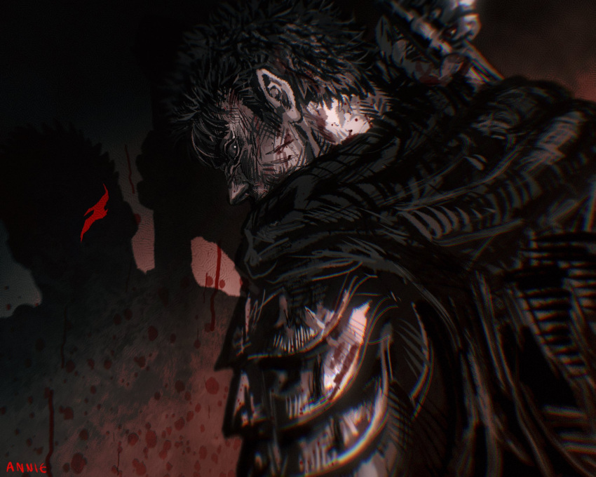 1boy anniechromes armor berserk black_cloak black_eyes black_hair blood blood_on_face blood_splatter cloak commentary different_shadow guts_(berserk) highres holding holding_sword holding_weapon looking_at_viewer male_focus over_shoulder pauldrons profile short_hair shoulder_armor solo sword symbol-only_commentary upper_body weapon