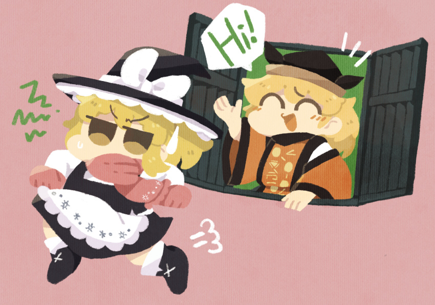 2girls andonkurage apron black_dress black_footwear black_headwear blonde_hair blush bow brown_headwear cape closed_eyes detached_sleeves door dress gloves hand_up hat hat_bow highres kirisame_marisa long_hair long_sleeves matara_okina multiple_girls open_mouth orange_cape orange_sleeves pink_background pink_gloves pink_scarf running scarf shirt shoes short_hair simple_background smile socks sun_symbol touhou white_apron white_bow white_legwear white_shirt white_sleeves witch_hat