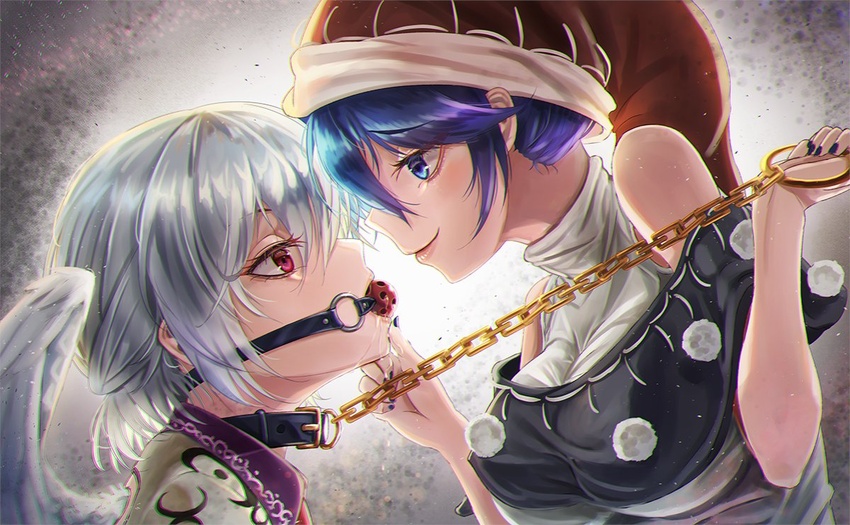 2girls bad_id bad_twitter_id ball_gag black_capelet black_choker black_nails blue_eyes blue_hair bondage breasts capelet chains choker closed_mouth commentary_request doremy_sweet eyelashes feathered_wings femdom from_side gag gagged grey_hair hair_between_eyes haruno_(kuromitugozen) hat kishin_sagume large_breasts lips looking_at_another multiple_girls nail_polish nightcap pom_pom_(clothes) red_eyes red_headwear saliva short_hair single_wing smile touhou turtleneck wings yuri