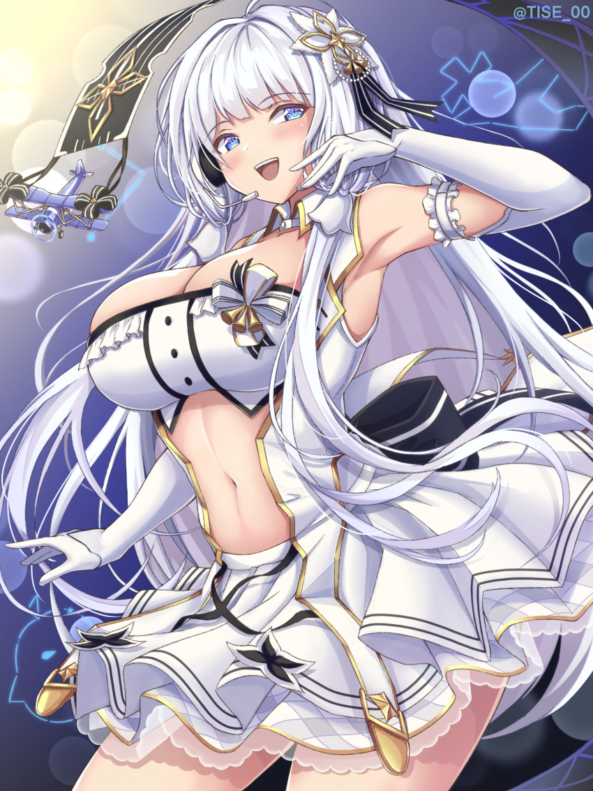 :d ahoge aircraft armpits azur_lane bare_shoulders blue_eyes blunt_bangs blush breasts bustier cleavage clothing_cutout collarbone commentary_request cowboy_shot detached_collar elbow_gloves female flight_deck frilled_skirt frills gloves gradient_background hair_intakes hair_ornament hair_ribbon hand_up headset highres idol illustrious_(azur_lane) illustrious_(muse)_(azur_lane) large_breasts layered_skirt long_hair looking_at_viewer navel navel_cutout official_alternate_costume open_clothes open_mouth open_vest pleated_skirt ribbon rikiddo_(tise_00) sidelocks skirt smile solo standing teeth tress_ribbon twitter_username upper_teeth_only very_long_hair vest white_gloves white_hair white_skirt white_vest