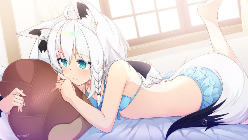 ahoge animal_ear_fluff animal_ears aqua_eyes bad_id bad_pixiv_id bamboo_shoot bikini braid ear_piercing earrings female fox_ears fox_girl fox_tail frilled_bikini frills hair_between_eyes highres hololive jewelry long_hair mascot official_alternate_costume oruyanke_(shirakami_fubuki) otaku_heishi pentagram piercing shirakami_fubuki shirakami_fubuki_(hololive_summer_2019) side_braid single_earring smile solo swimsuit tail virtual_youtuber white_hair