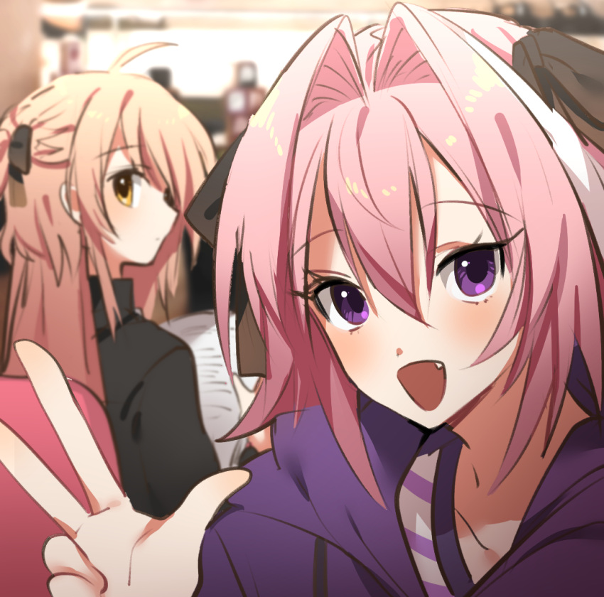 1boy astolfo_(fate) astolfo_(memories_at_trifas)_(fate) bad_id bad_pixiv_id blonde_hair blush bow braid fate/apocrypha fate/grand_order fate_(series) female hairbow koyashaka liss_meier_(koyashaka) long_hair looking_at_viewer oerba_yun_fang official_alternate_costume original otoko_no_ko pale_skin pink_hair purple_eyes smile v yellow_eyes