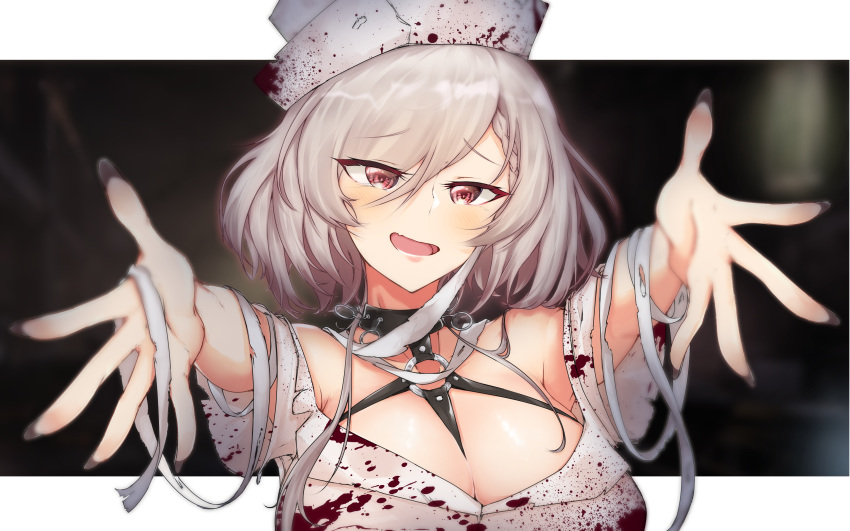 absurdres bad_id bad_pixiv_id bandages blood blood_on_clothes blush braid breasts cleavage female girls'_frontline halloween_costume hat highres kord_(girls'_frontline) looking_at_viewer medium_breasts medium_hair nail_polish nurse nurse_cap open_mouth red_eyes saett simple_background solo white_hair