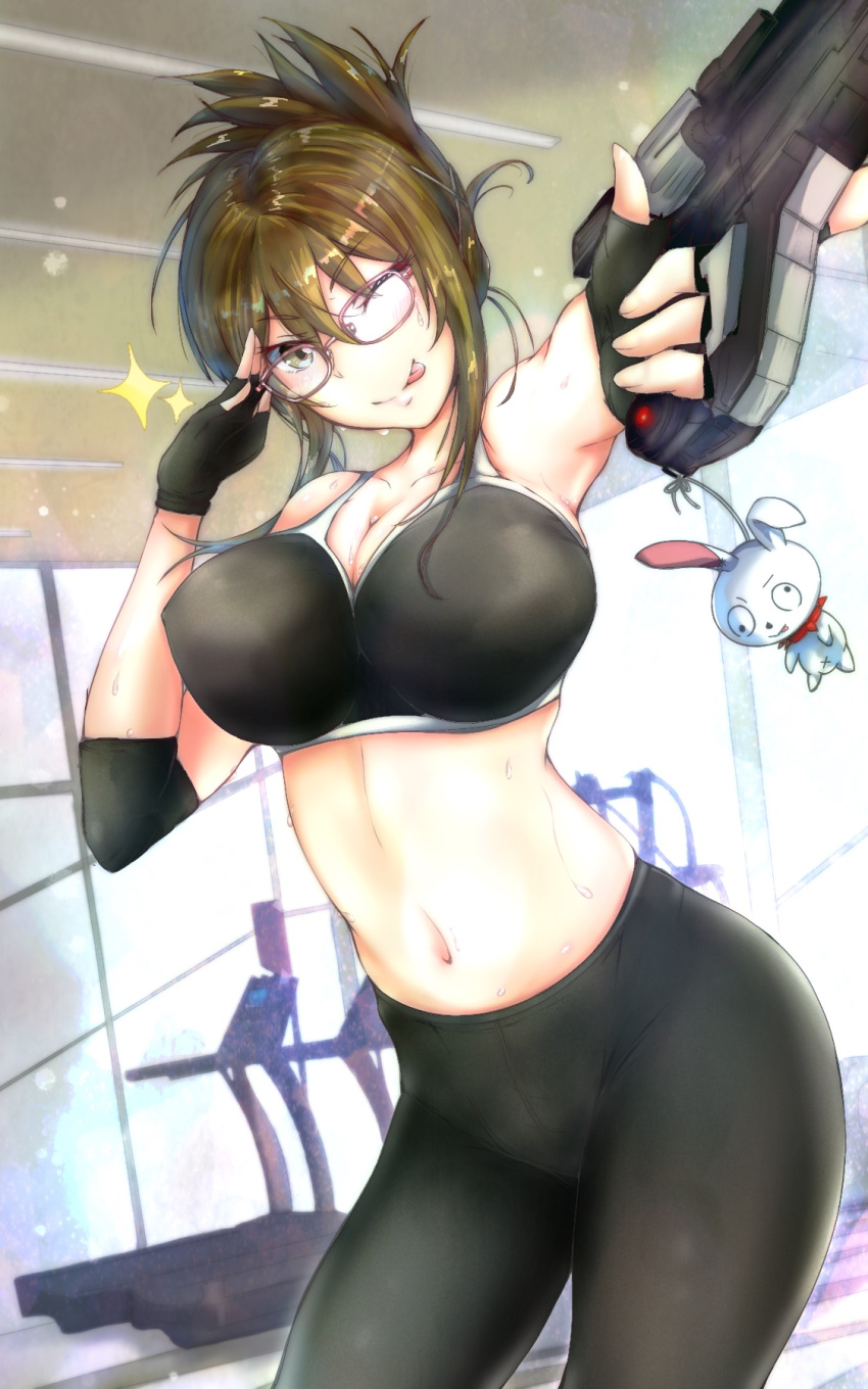 black_gloves black_sports_bra breasts brown_hair cleavage collarbone elbow_gloves female glasses gloves gun highres holding holding_gun holding_weapon kisaragi_chitose large_breasts midriff navel rainier_(1976636922) solo sparkle sports_bra super_robot_wars super_robot_wars_v sweat tehepero tied_hair tongue tongue_out treadmill underwear v-shaped_eyebrows variant_set weapon