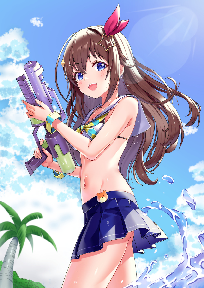 :d absurdres bare_shoulders bikini blue_eyes blue_skirt blue_sky blush brown_hair cloud day esuorder female hair_between_eyes hair_flaps hair_ornament hair_ribbon highres holding holding_water_gun hololive long_hair navel neckerchief official_alternate_costume outdoors palm_tree pleated_skirt ribbon sailor_collar skirt sky smile solo star_(symbol) star_hair_ornament stomach striped_neckerchief swimsuit tokino_sora tokino_sora_(hololive_summer_2019) tree virtual_youtuber water_gun white_bikini white_sailor_collar