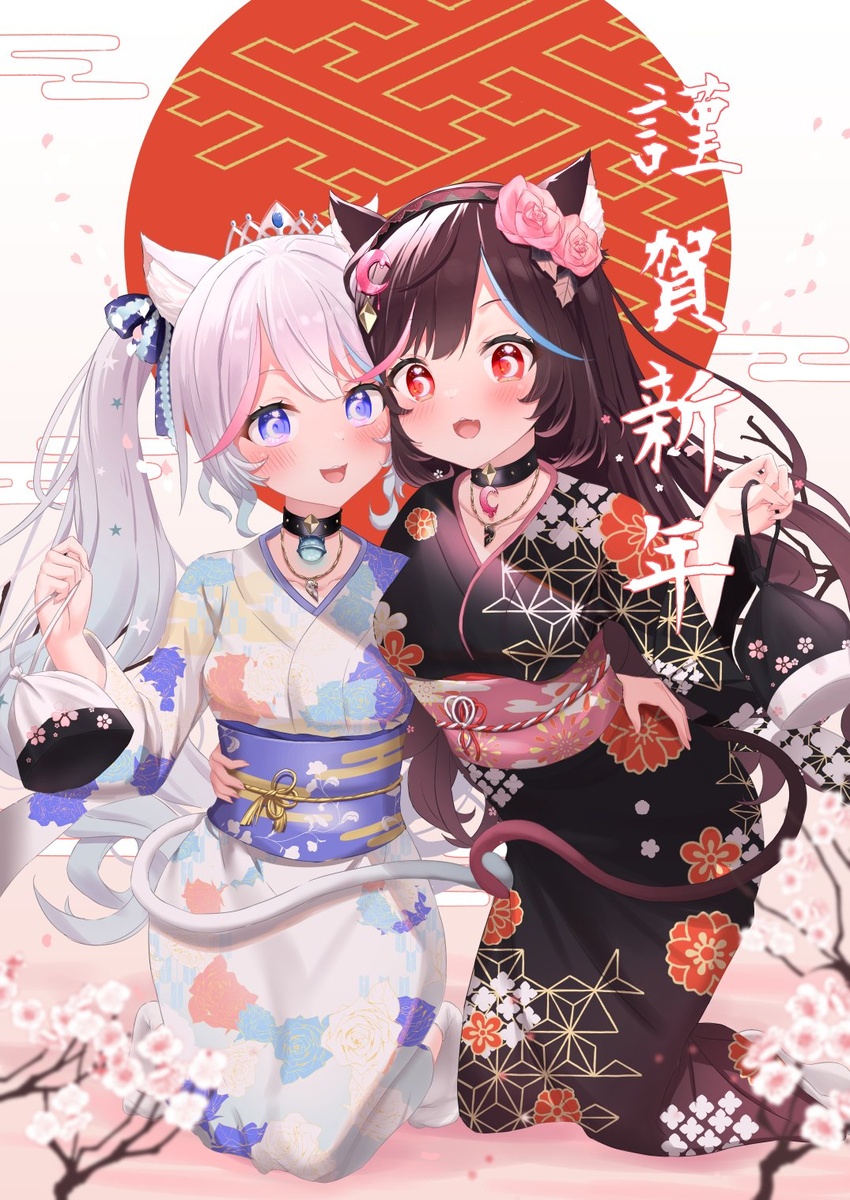 2girls animal_ears blue_hair brown_hair cat_ears cat_girl cat_tail china_dress chinese_clothes chinese_new_year dress flower hair_flower hair_ornament highres hoshinokawa_nao hoshinokawa_neo long_hair mirolive multicolored_hair multiple_girls pale_skin pink_hair tail twintails very_long_hair virtual_youtuber white_clover_(unfy8472) white_hair