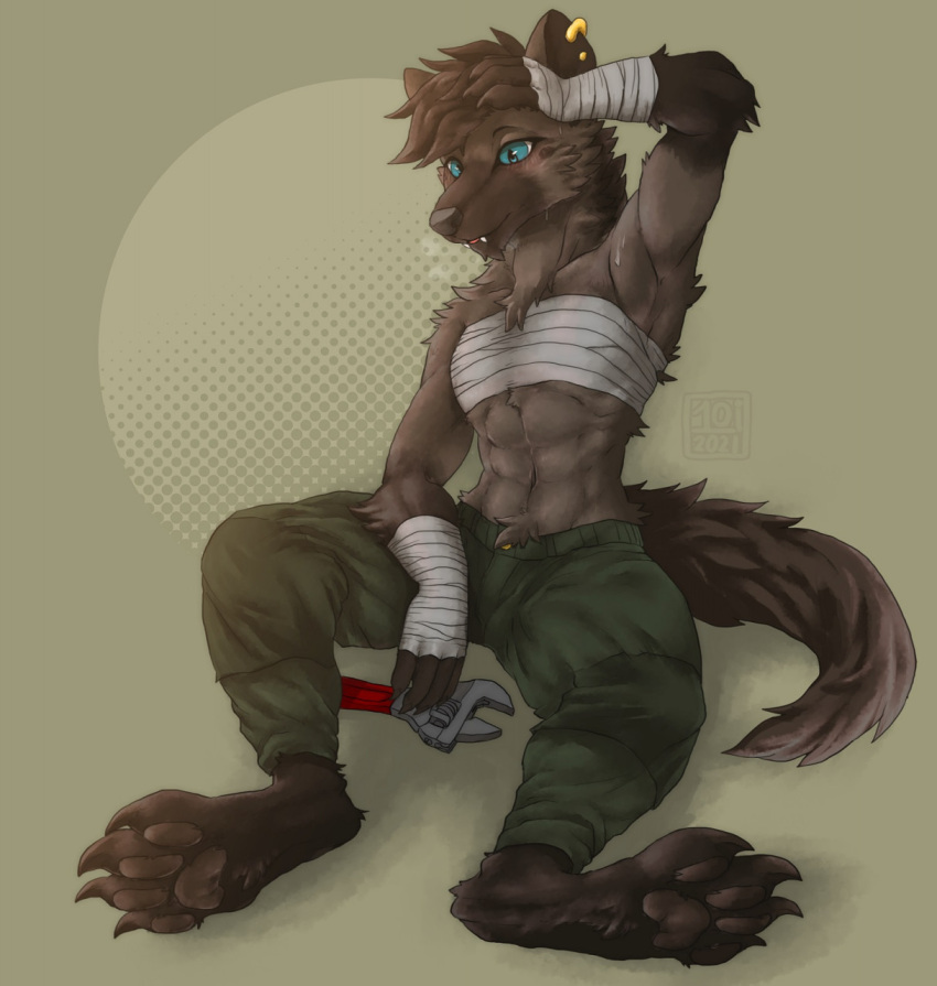 1oi abs aleks_(toothandscale) anthro arm_wraps athletic athletic_anthro athletic_female bandage blue_eyes bodily_fluids bottomwear breath brown_body brown_fur chest_wraps chin_tuft claws clothing conditional_dnp digital_media_(artwork) ear_piercing facial_tuft female fur green_background hand_on_head hi_res hyena mammal mechanic pants pawpads piercing simple_background sitting solo sweat toe_claws tomboy tools tuft wraps wrench