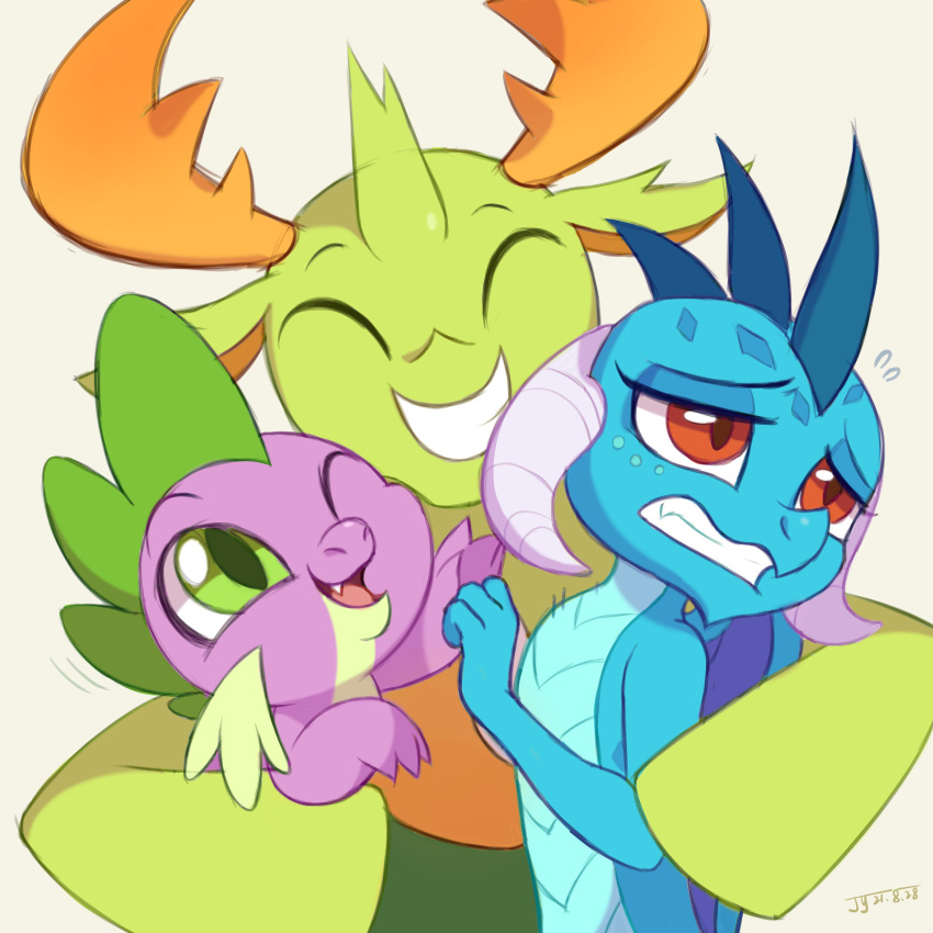 1:1 2021 2_horns absurd_res amber_eyes anthro arthropod blue_body blue_scales changeling closed_eyes dated daww digital_drawing_(artwork) digital_media_(artwork) dragon drtuo female feral friendship_is_magic green_body green_eyes group group_hug happy hasbro hi_res horn hug hugging_another male my_little_pony mythological_creature mythological_scalie mythology one_eye_closed open_mouth open_smile princess_ember_(mlp) purple_body purple_scales reformed_changeling scales scalie scene_interpretation signature simple_background smile spike_(mlp) spines thorax_(mlp) trio tsundere white_background