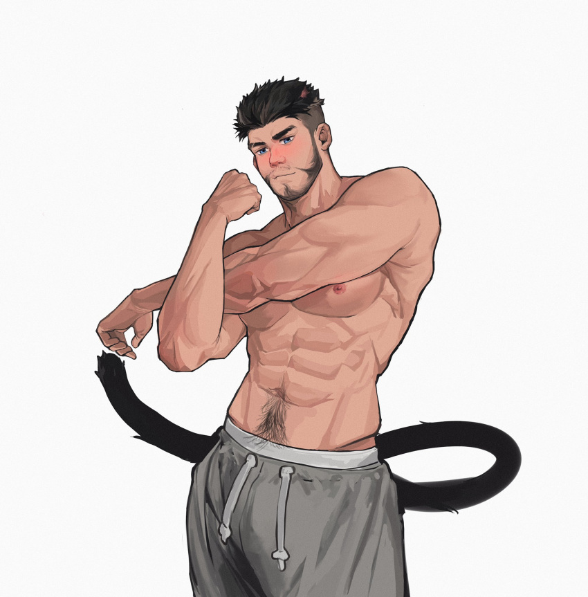 1boy abs animal_ears bad_id bad_twitter_id bara beard blue_hair blush body_hair cat_boy clenched_hand closed_mouth facial_hair grey_pants hand_up highres kuro_(kuroshima_kurishiro) kuroshima_kurishiro_(muyi24108414) male_focus mature_male muscular muscular_male navel navel_hair nipples original pants pectorals short_hair simple_background solo standing tail topless_male white_background