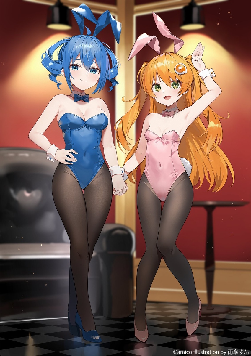 2girls amagasa_yun amiami_(company) amico animal_ears arm_up armpits artist_name black_pantyhose blue_bow blue_bowtie blue_eyes blue_footwear blue_hair blue_leotard blurry blurry_background bow bowtie breasts cleavage closed_mouth commentary_request copyright_notice covered_navel detached_collar drill_hair english_text fake_animal_ears full_body green_eyes hair_ornament hairclip high_heels highleg highleg_leotard highres holding_hands indoors large_breasts legs leotard lilco logo_hair_ornament long_hair medium_breasts medium_hair multiple_girls official_art open_mouth orange_hair pantyhose pink_bow pink_bowtie pink_footwear pink_leotard playboy_bunny second-party_source shiny_clothes shiny_skin sidelocks sleeve_cuffs smile thighs tile_floor tiles twin_drills twintails