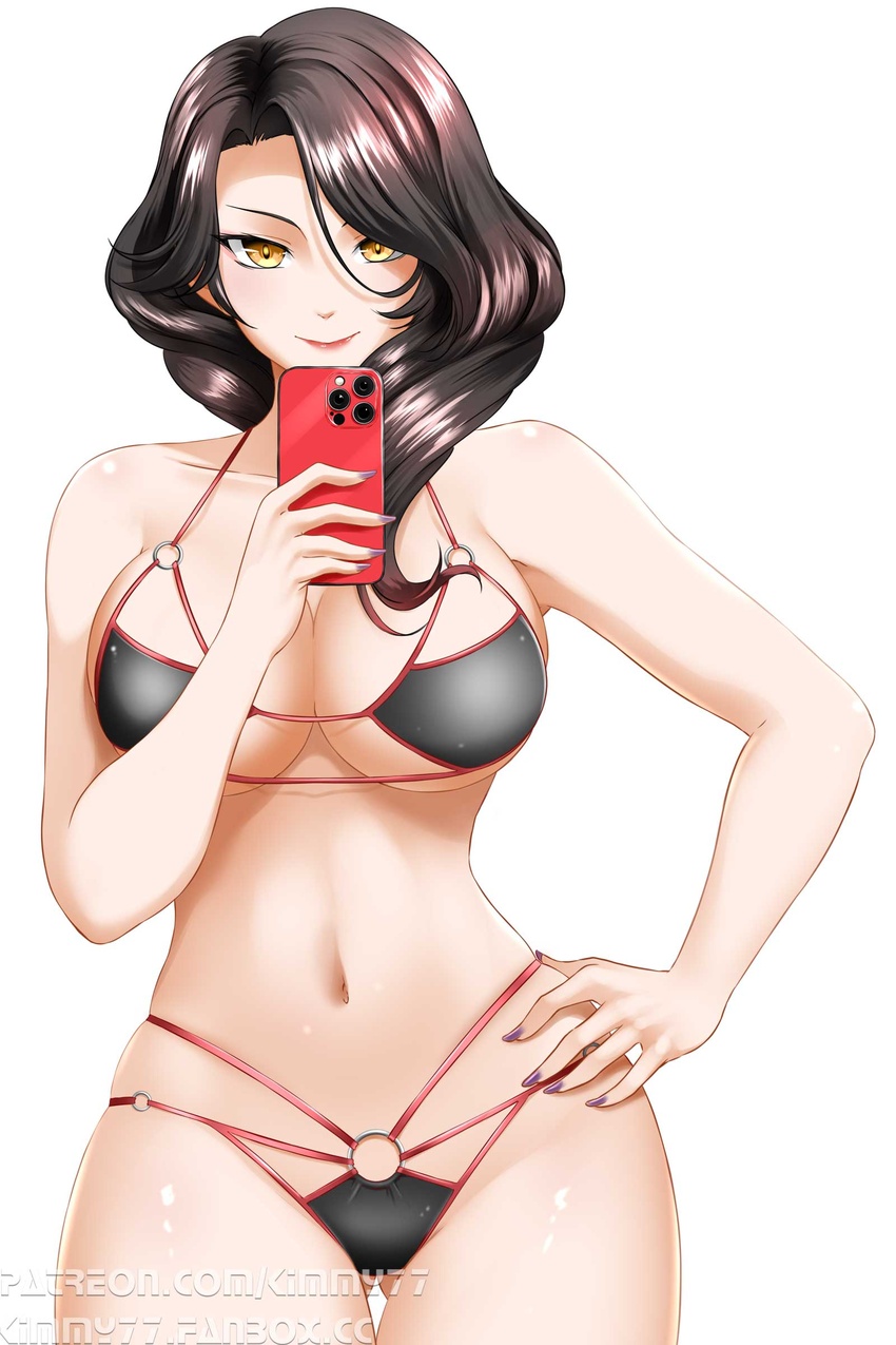 absurdres armpit_crease ass_visible_through_thighs bare_shoulders bikini black_bikini black_hair breasts cellphone cinder_fall cleavage collarbone cowboy_shot fanbox_username female groin hair_between_eyes hand_on_own_hip highres holding holding_phone kimmy77_art large_breasts linea_alba looking_at_viewer medium_hair nail_polish navel o-ring o-ring_bikini patreon_username phone purple_nails rwby selfie simple_background skindentation smartphone smile solo standing stomach string_bikini swimsuit taking_picture thigh_gap thighs white_background yellow_eyes