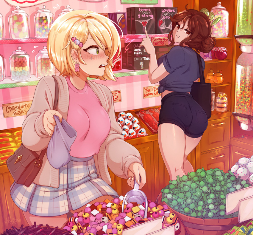 2girls ^^^ artist_name ass bag black_shirt black_shorts blonde_hair blush borrowed_character brown_eyes brown_hair candy candy_hair_ornament earrings english_text ferrero food food-themed_hair_ornament hair_bun hair_ornament hairclip highres indoors jacket jar jewelry kinder_surprise lollipop long_sleeves looking_at_another merunyaa multiple_girls nose_blush open_mouth original pink_shirt plaid plaid_skirt pointing sammy_(bestsammy) shirt short_hair shorts shoulder_bag signature single_hair_bun skirt sweets swirl_lollipop tied_shirt watermark yellow_eyes