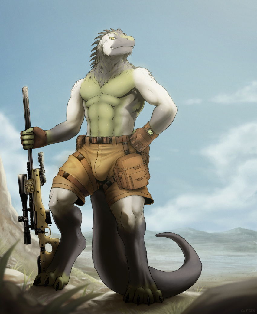 anthro armpit_hair athletic athletic_anthro athletic_male awp body_hair clothed clothing corrsk desert detailed_background digital_media_(artwork) fur gun hi_res holding_object holding_weapon iguana iguanid lizard looking_at_viewer male military outside ranged_weapon reptile rifle scalie shirtless sky smile sniper sniper_rifle solo weapon