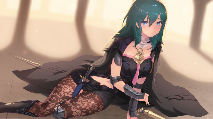 blue_eyes byleth_(female) cait cape fire_emblem garter_belt green_hair long_hair pantyhose shorts sword weapon