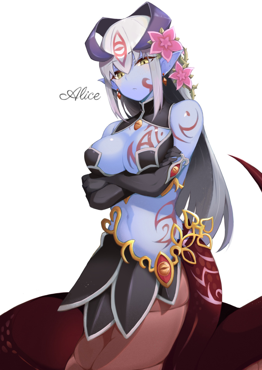 absurdres alipheese_fateburn_xvi blue_skin blush breast_tattoo breasts cleavage colored_skin crossed_arms eye_tattoo facial_tattoo female hair_tattoo highres kawahara0527 lamia large_breasts looking_at_viewer mon-musu_quest! monster_girl ribbon scales slit_pupils solo tail tail_ornament tail_ribbon tattoo white_hair yellow_eyes