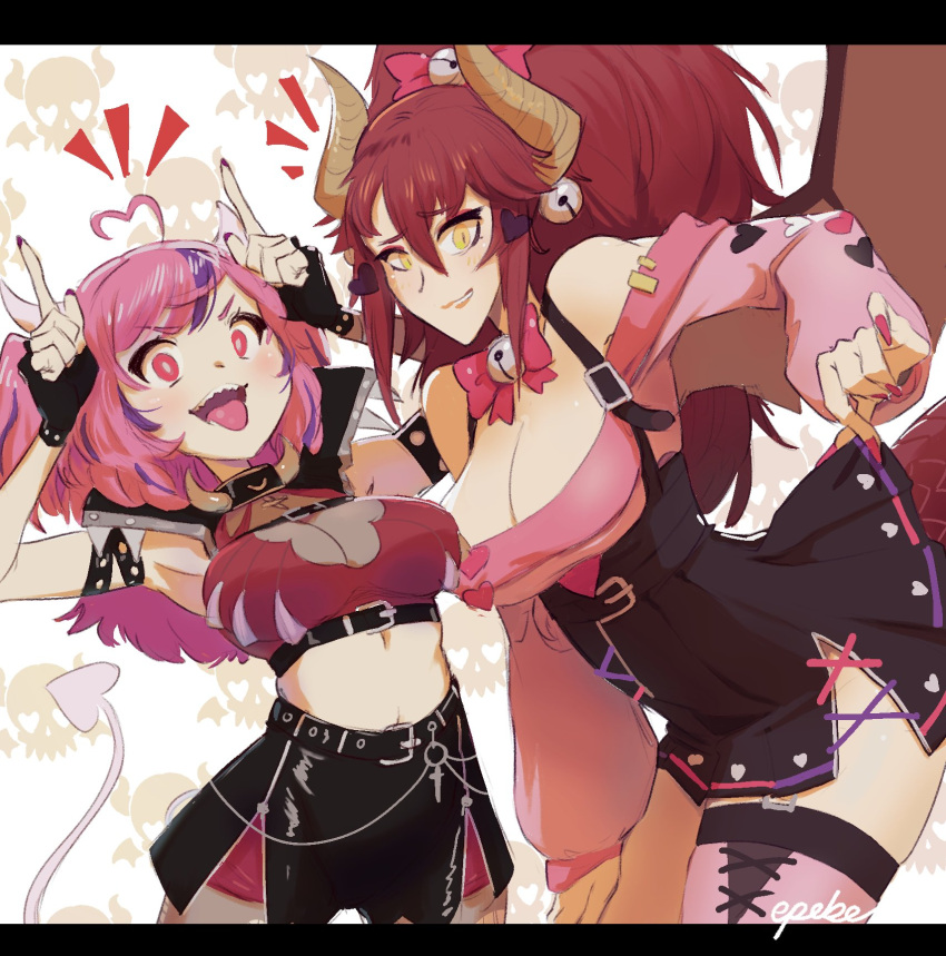 2girls ahoge armpits black_skirt bow breasts cleavage cosplay costume_switch demon_girl demon_horns demon_tail dragon_girl dragon_horns dragon_tail dragon_wings english_commentary epebe heart heart-shaped_eyes heart_ahoge high-waist_skirt highres horns horns_pose ironmouse ironmouse_(1st_costume) ironmouse_(cosplay) large_breasts leaning_back medium_breasts multicolored_hair multiple_girls off-shoulder_sweater off_shoulder pink_bow pink_eyes pink_hair pink_nails pink_sweater pointing pointing_up ponytail purple_hair see-through see-through_cleavage skirt skull streaked_hair sweater tail two_side_up v-shaped_eyebrows virtual_youtuber vshojo wings yellow_eyes zentreya zentreya_(cosplay) zentreya_(dragon) zentreya_(dragon)_(1st_costume)