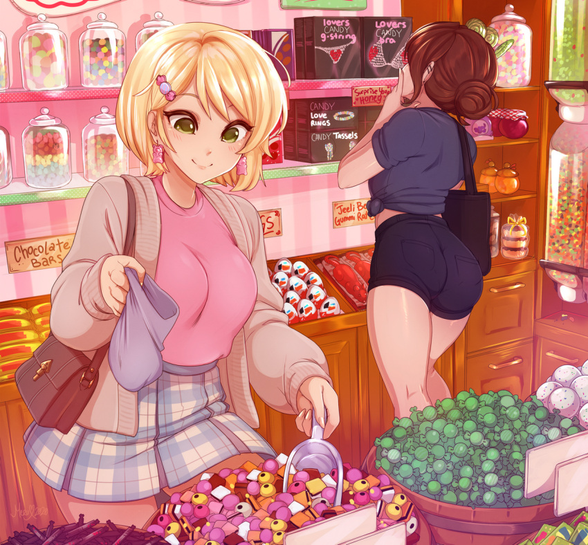 2girls artist_name ass bag black_shirt black_shorts blonde_hair borrowed_character brown_hair candy candy_hair_ornament earrings english_text ferrero food food-themed_hair_ornament hair_bun hair_ornament hairclip highres indoors jacket jar jewelry kinder_surprise lollipop long_sleeves merunyaa multiple_girls original pink_shirt plaid plaid_skirt sammy_(bestsammy) shirt short_hair shorts shoulder_bag signature single_hair_bun skirt sweets swirl_lollipop tied_shirt watermark yellow_eyes