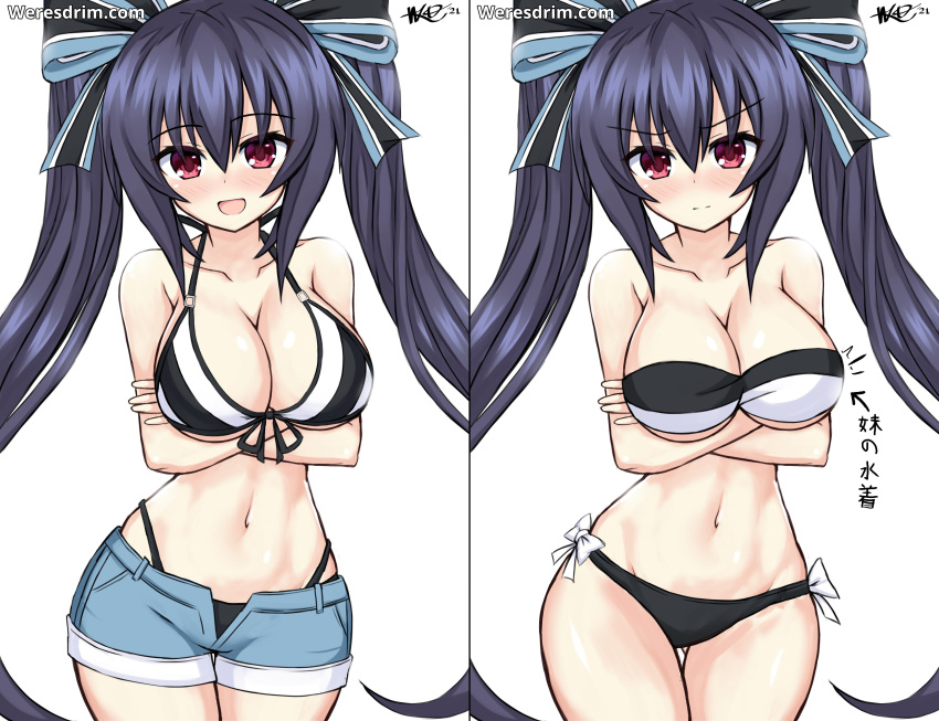 absurdres alternate_breast_size alternate_costume bare_shoulders bikini black_bikini black_hair blush breasts cleavage closed_mouth collarbone commentary_request cowboy_shot female hair_between_eyes hair_ornament hair_ribbon highres large_breasts long_hair looking_at_viewer multiple_views navel neptune_(series) noire_(neptunia) open_mouth partial_commentary red_eyes ribbon shorts sideboob smile standing swimsuit translation_request twintails underboob very_long_hair watermark web_address weresdrim