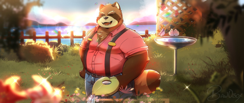 2022 anthro baw0sox bottomwear brown_body canid canine closed_eyes clothing detailed_background hi_res humanoid_hands kemono male mammal outside overweight overweight_male pants raccoon_dog shirt solo suspenders tanuki topwear water