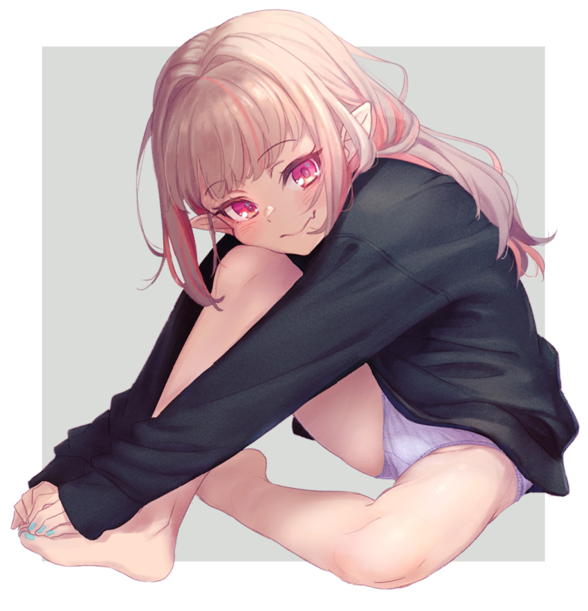 aqua_nails bare_legs barefoot black_sweater blush border commentary feet female full_body grey_hair hands_on_feet head_on_knee head_rest highres long_hair looking_at_viewer makaino_ririmu multicolored_hair nail_polish nijisanji no_pants oerba_yun_fang panties pink_hair pointy_ears red_eyes sabamen sitting skin_fang sleeves_past_wrists smile solo streaked_hair sweater symbol-only_commentary toenail_polish toenails toes two-tone_background two-tone_hair underwear virtual_youtuber white_border