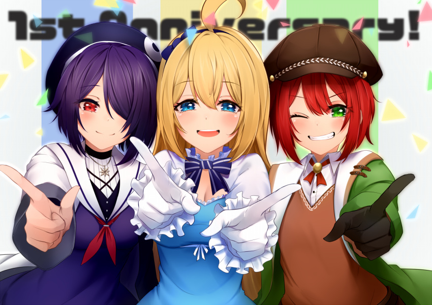 3girls :d ahoge anniversary aogiri_koukou beret black_gloves blonde_hair blue_bow blue_dress blue_eyes blue_hairband blue_headwear blurry blurry_background blush bow breasts brown_headwear brown_vest cabbie_hat cleavage closed_mouth collared_shirt commentary_request depth_of_field dress dress_shirt girl_sandwich gloves green_eyes green_jacket grin hair_between_eyes hair_over_one_eye hairband hat ishikari_akari jacket koruta_(nekoimo) long_hair long_sleeves minazuki_natsuki multiple_girls neckerchief one_eye_closed open_clothes open_jacket open_mouth otodama_tamako outstretched_arm outstretched_arms purple_dress purple_hair red_hair red_neckerchief round_teeth sailor_collar sailor_dress sandwiched shirt small_breasts smile striped striped_bow teeth upper_body upper_teeth_only very_long_hair vest virtual_youtuber white_gloves white_sailor_collar white_shirt