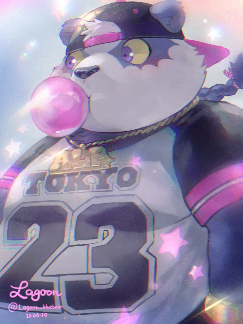 1boy alp_(housamo) animal_ears artist_name backwards_hat bad_id bad_twitter_id bangle belly blush bracelet braid braided_ponytail character_name chewing_gum colored_sclera commentary dated english_text furry furry_male glint gradient_background hat highres jewelry looking_to_the_side male_focus necklace panda_boy panda_ears plump purple_eyes purple_trim ragun_(lagoon_bluebear) shirt signature solo star_(symbol) t-shirt tokyo_afterschool_summoners twitter_username upper_body yellow_sclera