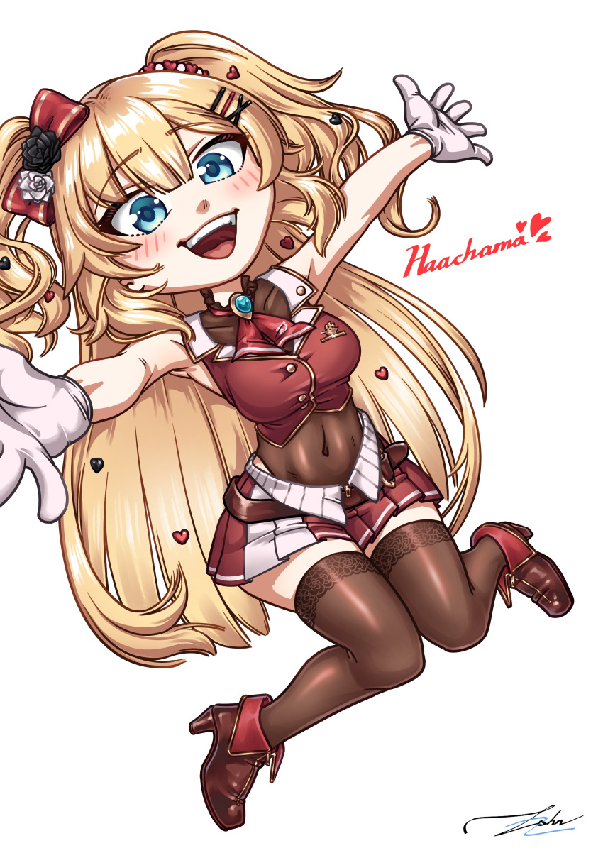 absurdres akai_haato blonde_hair blue_eyes bow breasts brown_thighhighs character_name commentary cosplay covered_navel cropped_jacket female gloves hair_ornament hairbow heart heart_hair_ornament high_heels highres hololive houshou_marine houshou_marine_(1st_costume) houshou_marine_(cosplay) jacket jqhnharqld large_breasts leotard leotard_under_clothes long_hair miniskirt outstretched_arms pleated_skirt red_jacket red_skirt signature skirt sleeveless sleeveless_jacket solo thighhighs two_side_up very_long_hair virtual_youtuber white_gloves