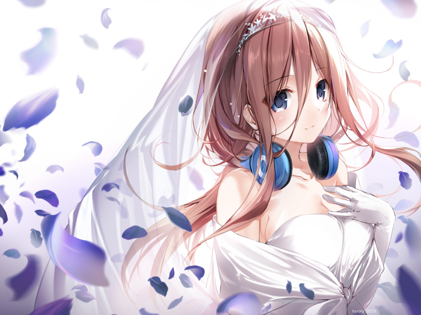 blue_eyes breast_hold breasts brown_hair cleavage go-toubun_no_hanayome headdress headphones karory long_hair nakano_miku watermark wedding_attire