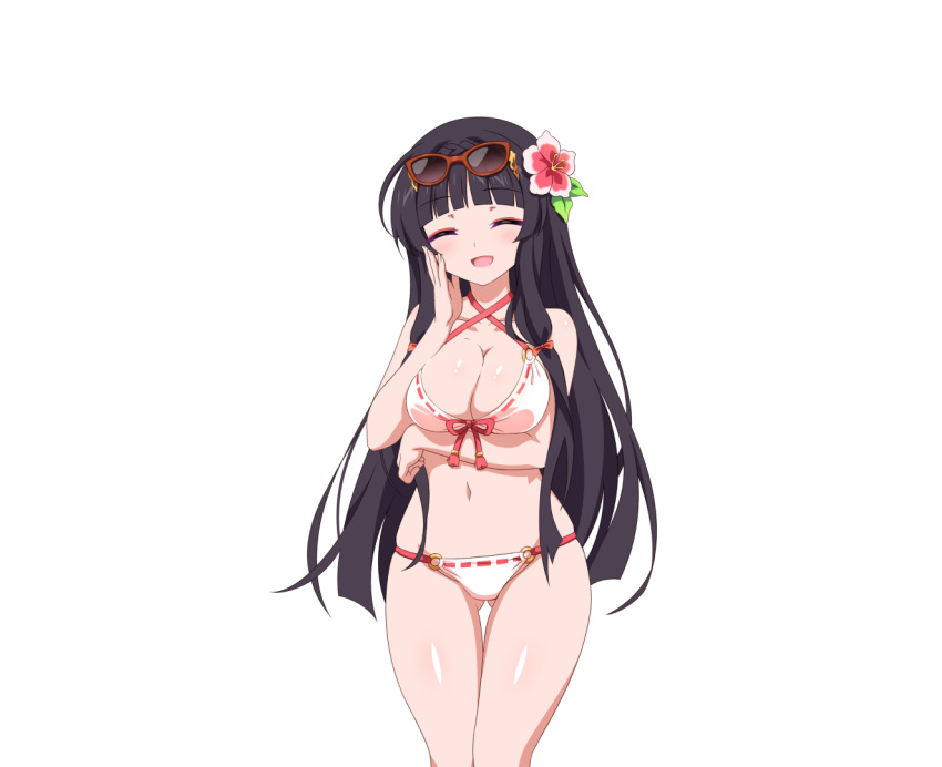 :d ^_^ arm_under_breasts bikini black_hair blunt_bangs breast_hold breasts cleavage closed_eyes cowboy_shot criss-cross_halter eyeliner eyewear_on_head female flower hair_flower hair_ornament halterneck hand_on_own_cheek hand_on_own_face large_breasts long_hair makeup navel non-web_source open_mouth ribbon-trimmed_bikini sakura_succubus sidelocks smile solo string_bikini sunglasses swimsuit transparent_background wanaca white_bikini yamamoto_hifumi