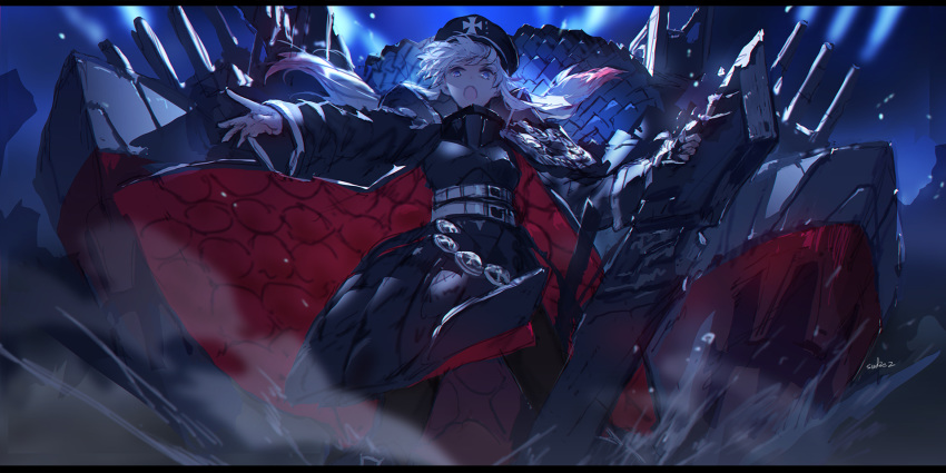 :o armor armored_dress azur_lane belt black_coat black_hat blue_eyes breastplate coat commentary female hat highres holding holding_sword holding_weapon letterboxed long_hair long_sleeves looking_at_viewer machinery military_hat odin_(azur_lane) open_mouth outstretched_arm padded_coat pantyhose solo swd3e2 sword turret weapon white_hair