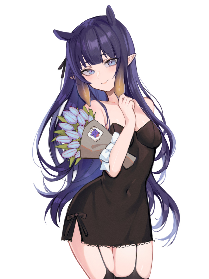 absurdres black_dress black_thighhighs bouquet bow breasts cleavage covered_navel dress english_commentary evangellium female garter_straps highres hololive hololive_english light_blush long_hair looking_at_another medium_breasts ninomae_ina'nis pointy_ears purple_eyes smile solo strapless strapless_dress takodachi_(ninomae_ina'nis) tentacle_hair thighhighs thighs virtual_youtuber white_background white_bow