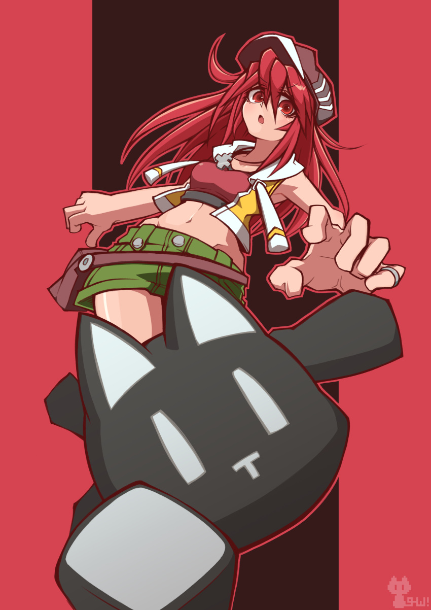 absurdres breasts cabbie_hat collarbone eyes_visible_through_hair female green_skirt groin hat highres hip_bones jewelry long_hair midriff miniskirt misaki_shiki navel necklace nyantan open_clothes open_mouth open_vest pinky_ring red_eyes red_hair ring sakumochi_(pixiv4431677) skirt small_breasts solo stuffed_animal stuffed_cat stuffed_toy subarashiki_kono_sekai v-shaped_eyebrows vest