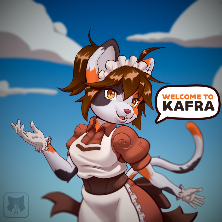 1:1 absurd_res anthro biped clothing colored digital_media_(artwork) domestic_cat doram felid feline felis female fur half-length_portrait half_body hi_res kafra kafra_doram kathai maid_uniform mammal markings orange_eyes portrait ragnarok_(character) ragnarok_online rendered shaded soft_focus solo spots spotted_body spotted_fur tricolor_fur uniform