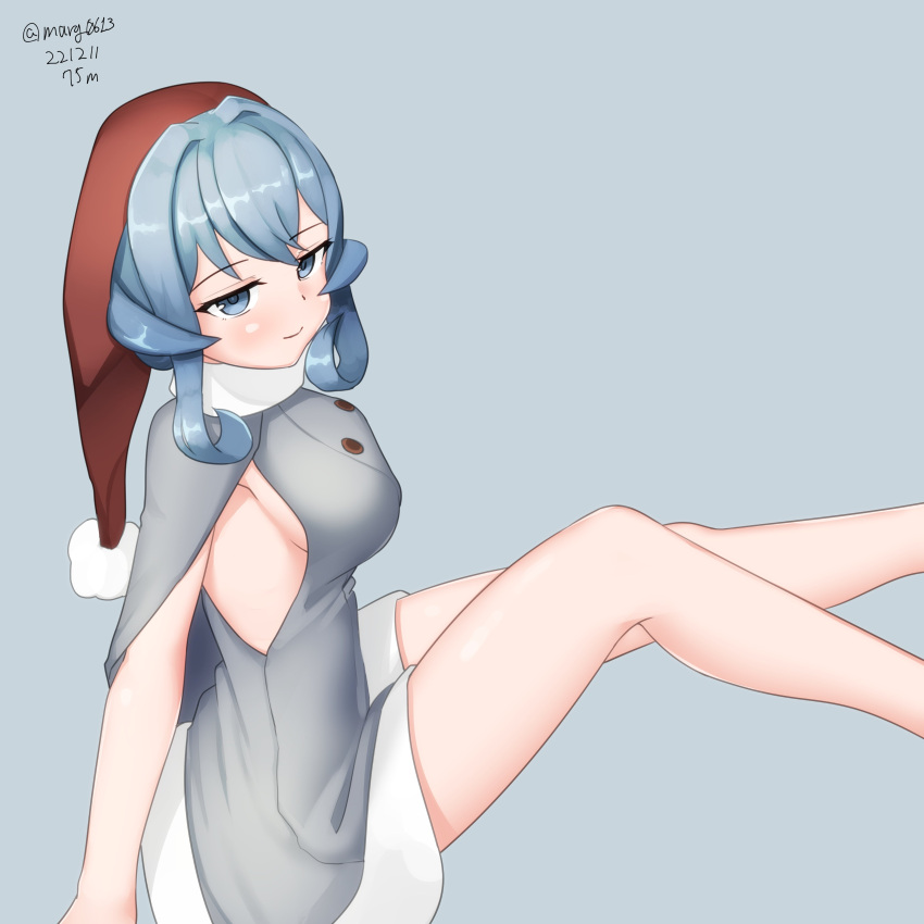 absurdres adapted_costume blue_eyes blue_hair breasts coat commentary_request feet_out_of_frame female fur-trimmed_headwear fur_trim gotland_(kancolle) grey_background grey_coat hat highres kantai_collection long_hair maru_(marg0613) mole mole_under_eye naked_robe one-hour_drawing_challenge red_hat robe santa_hat sideboob sidelocks simple_background sitting solo twitter_username