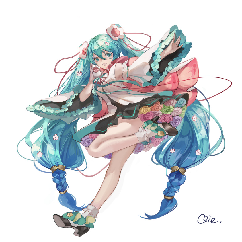 ankle_boots aqua_hair artist_name bad_id bad_pixiv_id black_footwear blue_eyes blue_flower blue_hair blue_rose bobby_socks boots braid breasts cable cape commentary contrapposto detached_sleeves dress dress_flower feet_up female floral_dress flower flower_underskirt full_body gradient_hair green_flower green_rose hair_between_eyes hair_flower hair_ornament hairclip hand_up happy hatsune_miku highres holding holding_microphone long_hair low-tied_long_hair low_twin_braids magical_mirai_(vocaloid) magical_mirai_miku magical_mirai_miku_(2021) microphone multicolored_hair open_mouth orange_flower orange_rose outstretched_hand pink_flower pink_rose purple_flower purple_rose qie rose shoes short_dress simple_background sleeveless sleeveless_dress small_breasts smile socks solo standing standing_on_one_leg twin_braids twintails two-sided_cape two-sided_fabric very_long_hair vocaloid white_background white_flower white_rose white_socks wide_sleeves yellow_flower yellow_rose