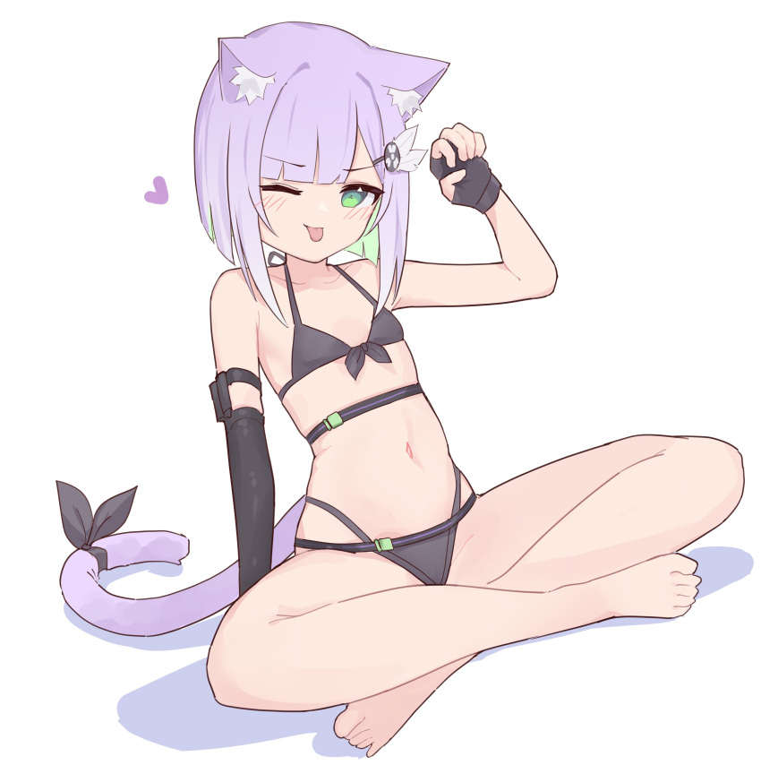 absurdres animal_ear_fluff animal_ears barefoot bikini black_bikini black_gloves cat_ears cat_girl cat_tail colored_inner_hair female fingerless_gloves full_body gloves green_eyes green_hair hand_up heart highres indian_style indie_virtual_youtuber looking_at_viewer lyrinne multicolored_hair navel one_eye_closed purple_hair second-party_source shwaa simple_background sitting solo swimsuit tail toes tongue tongue_out virtual_youtuber white_background