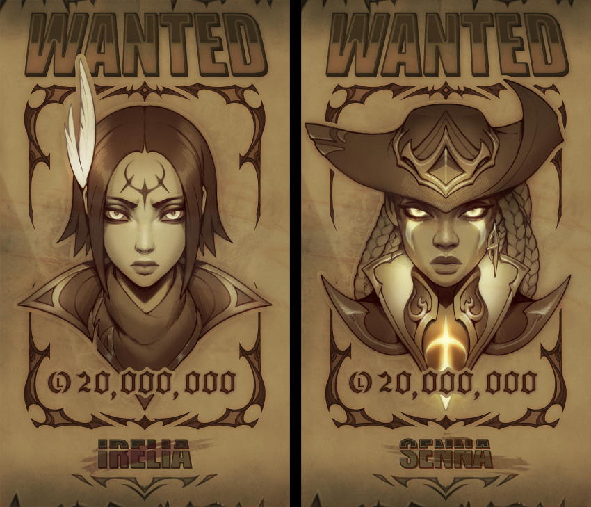 2girls braid character_name closed_mouth cowboy_hat cropped_legs earrings english_commentary facial_mark forehead_mark glowing glowing_eyes hat hat_feather high_noon_(league_of_legends) high_noon_irelia high_noon_senna highres irelia jewelry league_of_legends looking_at_viewer multiple_girls official_alternate_costume senna_(league_of_legends) sepia short_hair vladbacescu wanted