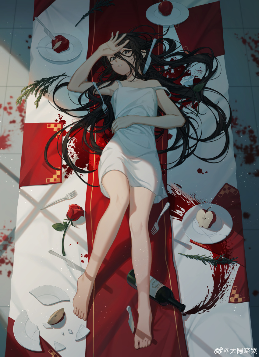 absurdres alcohol apple bare_legs barefoot black_eyes black_hair bottle breasts broken_plate commentary dress english_commentary erchongbaojun fake_blood feet female flower food fork fruit full_body hair_between_eyes hand_on_own_forehead hand_on_own_stomach highres knife legs long_hair looking_at_viewer lying on_back on_table original parted_lips plate red_flower rose sleeveless sleeveless_dress small_breasts solo spaghetti_strap spilling splatter stain strap_slip table teeth toenails toes very_long_hair weibo_logo weibo_watermark white_dress white_flower wine wine_bottle