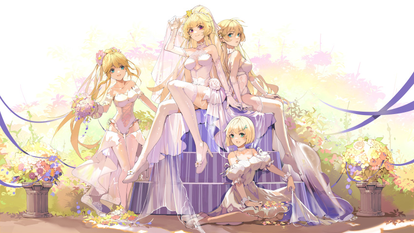 4girls absurdres blue_eyes blue_flower bouquet breasts bridal_veil bride character_request clothing_cutout dress duotianshi.nian elbow_gloves enterprise_(warship_girls_r) flower gloves hair_ornament high_heels highres holding holding_bouquet hornet_(warship_girls_r) leotard long_hair medium_breasts multiple_girls navel orange_flower ponytail purple_eyes purple_flower short_dress short_hair sitting smile standing stomach_cutout thighhighs veil very_long_hair warship_girls_r wedding_dress white_dress white_flower white_footwear white_gloves white_leotard white_thighhighs white_veil yellow_flower yorktown_(warship_girls_r)