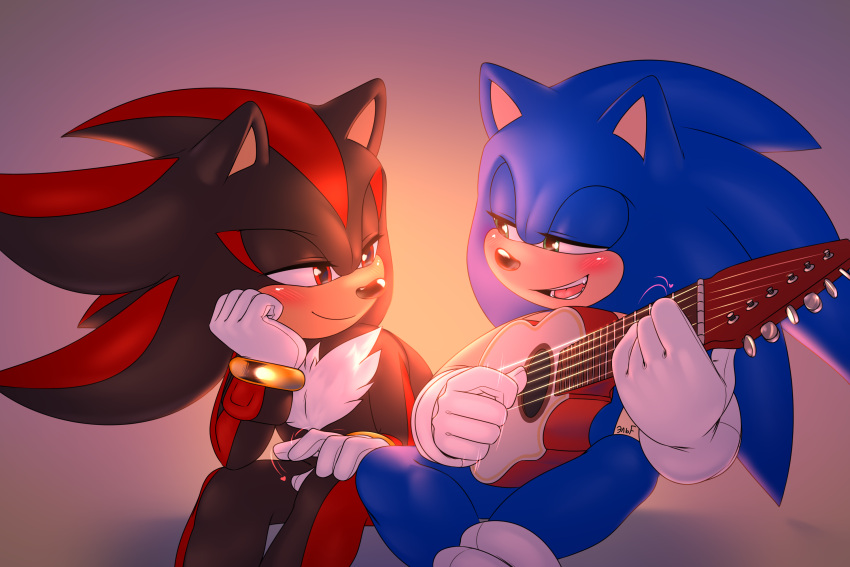 2022 3:2 5_fingers anthro black_body blue_body blush clothing duo eulipotyphlan fingers gloves green_eyes guitar handwear heart_symbol hedgehog hi_res krazyelf looking_at_another male male/male mammal multicolored_body musical_instrument open_mouth open_smile playing_guitar playing_music plucked_string_instrument red_body red_eyes romantic sega shadow_the_hedgehog simple_background smile sonic_the_hedgehog sonic_the_hedgehog_(series) string_instrument two_tone_body