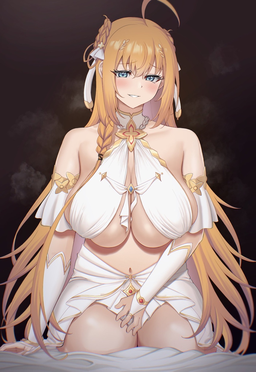 ahoge bare_shoulders bed_sheet between_breasts blue_eyes blush braid breasts breath cosplay dark_background elbow_gloves eyelashes female gloves grin hair_between_eyes hair_ornament hair_tie highres huge_breasts kneeling long_braid long_hair looking_at_viewer navel orange_hair pecorine_(princess_connect!) period_(anony_83) princess_connect! revealing_clothes sagging_breasts seductive_smile smile solo split_mouth underboob very_long_hair white_gloves yui_(ceremonial)_(princess_connect!) yui_(princess_connect!) yui_(princess_connect!)_(cosplay)