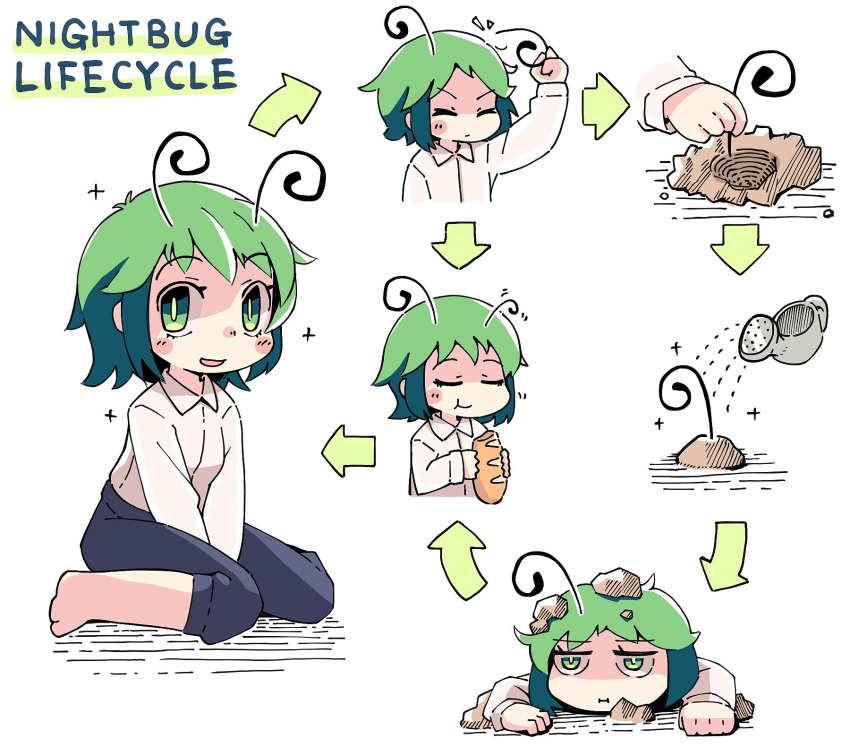 antennae arrow_(symbol) barefoot black_shorts blush_stickers bread breasts cape closed_mouth collared_shirt eating female food green_eyes green_hair highres holding looking_at_viewer pout shirt short_hair shorts sitting small_breasts smile solo touhou ugif underground watering watering_can white_background white_shirt wriggle_nightbug