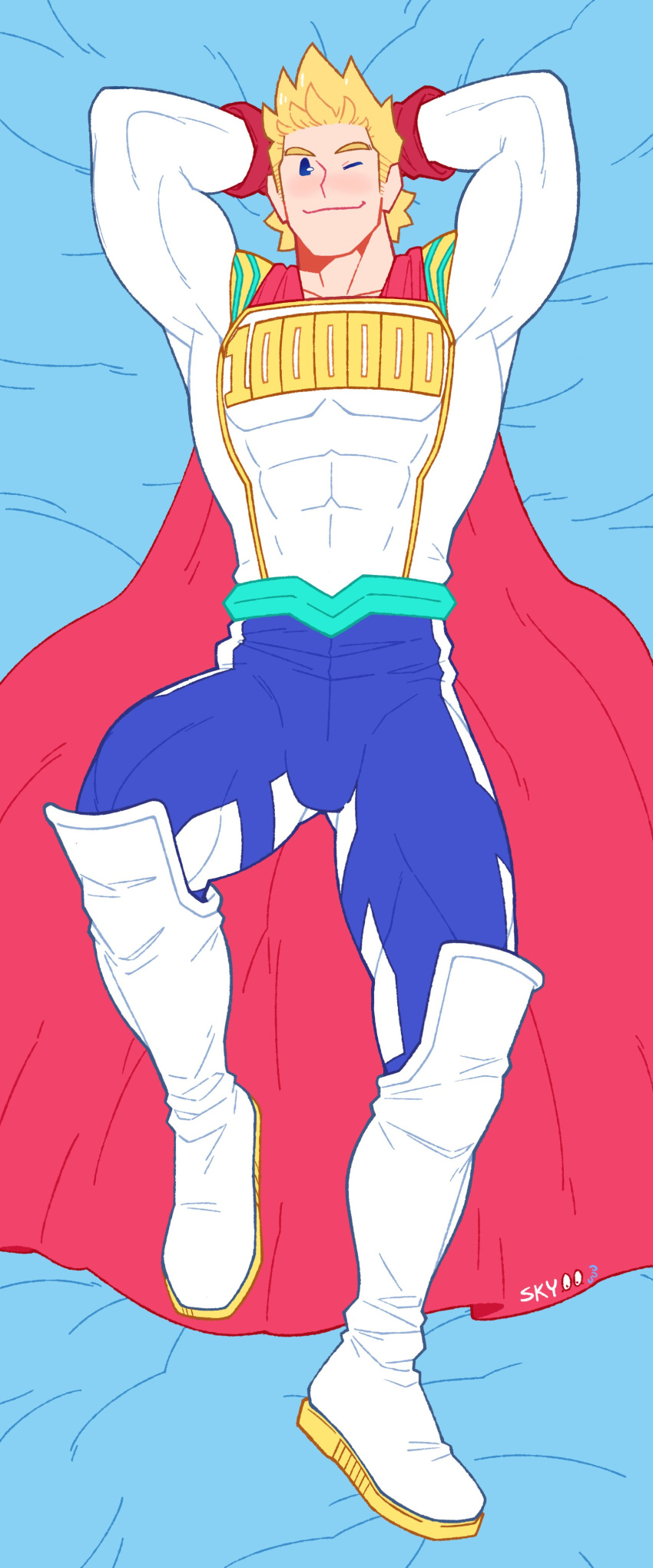 1boy absurdres arms_behind_head bad_id bad_twitter_id bara blonde_hair blue_eyes blush boku_no_hero_academia boots bulge cape closed_mouth commentary covered_abs dakimakura_(medium) feraltintinsimp full_body highres knee_boots male_focus muscular muscular_male one_eye_closed pectorals red_cape short_hair smile solo superhero_costume symbol-only_commentary thick_thighs thighs togata_mirio